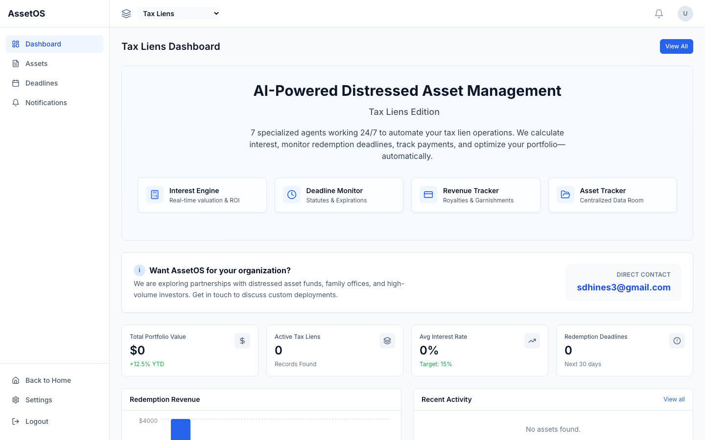 AssetOS Tax Liens Dashboard showing AI-powered distressed asset management tools