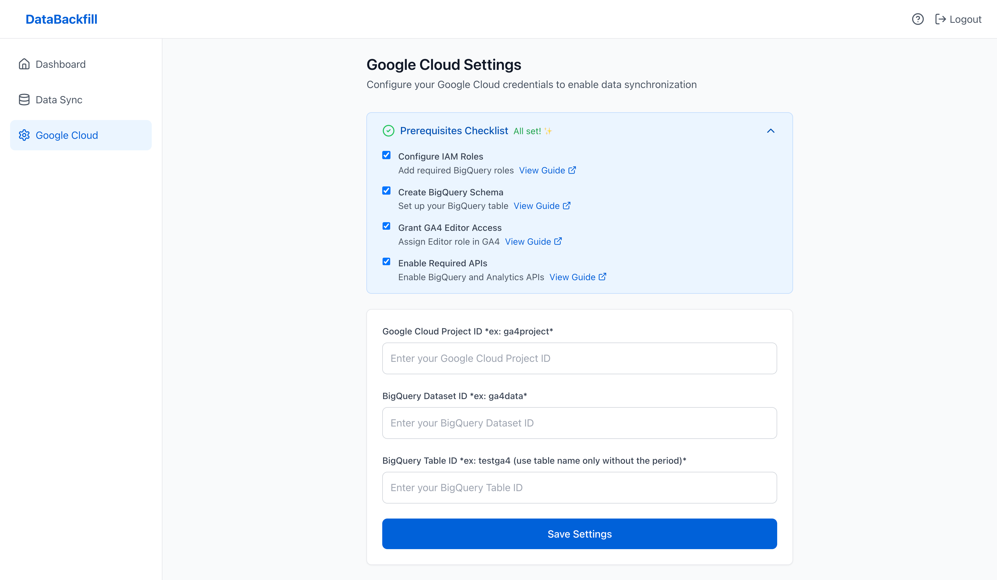 DataBackfill Sync Google Cloud credentials and prerequisites checklist