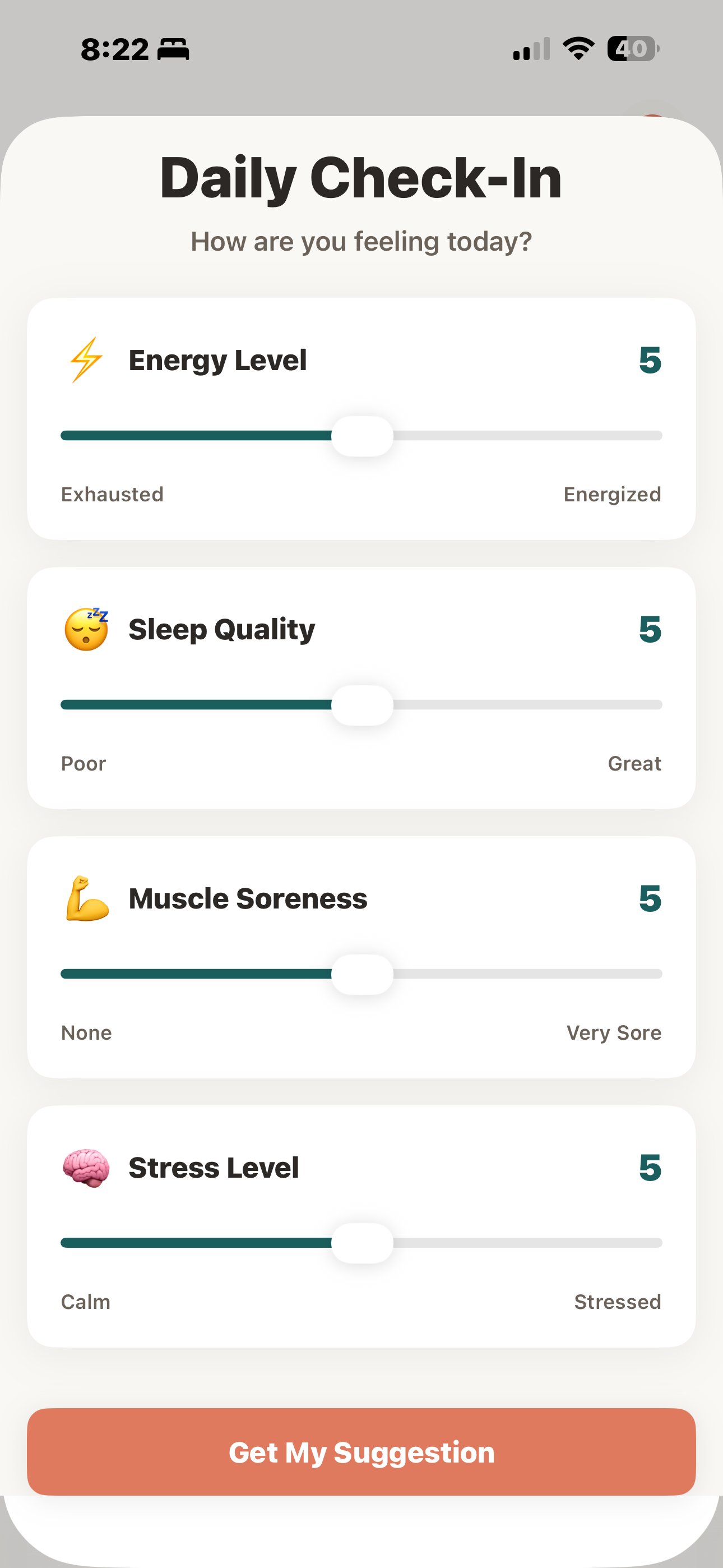 Tempo app daily check-in screen with energy, sleep, soreness, and stress sliders