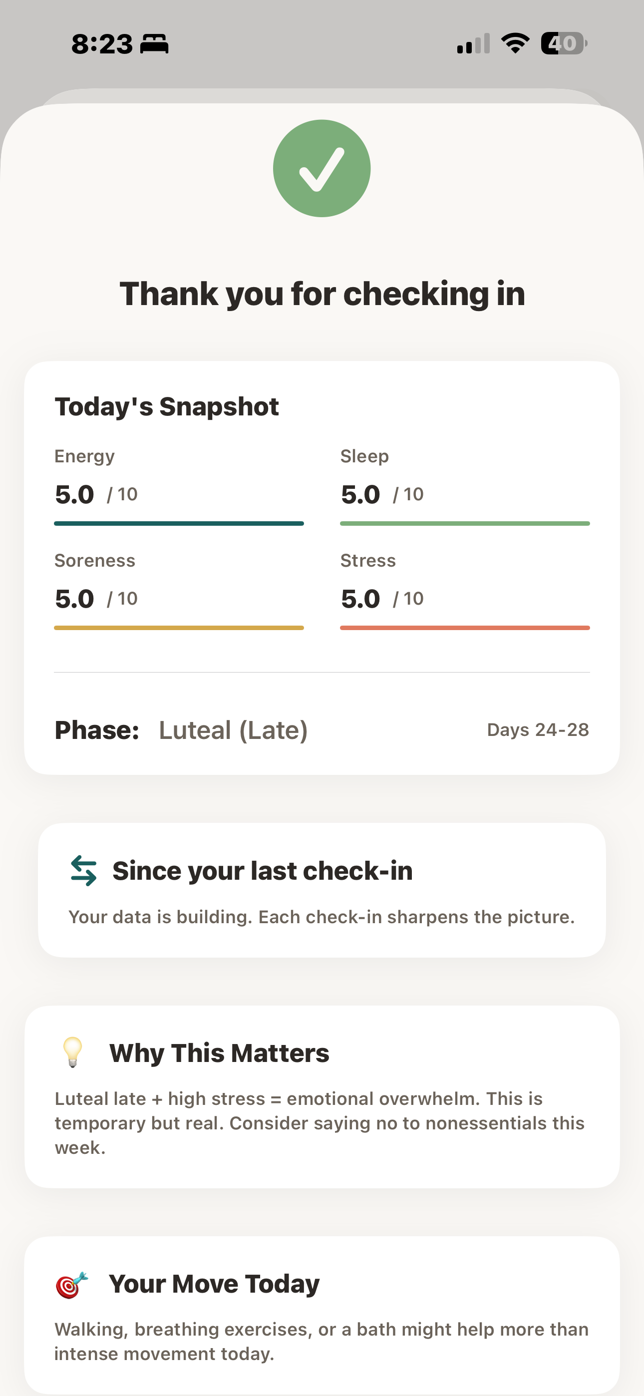 Tempo app results screen showing today's snapshot and cycle phase