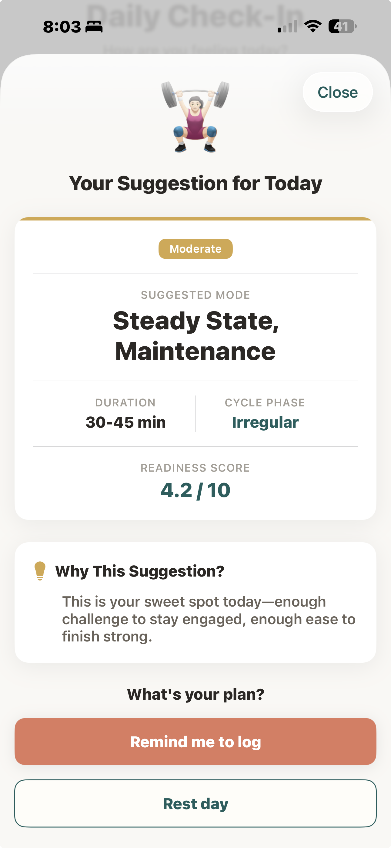 Tempo app daily check-in screen showing a workout suggestion